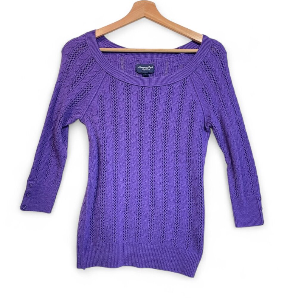 American Eagle Outfitters Y2K Style Purple Cable Knit 3/4 Sleeve Skinny Sweater - Picture 4 of 10